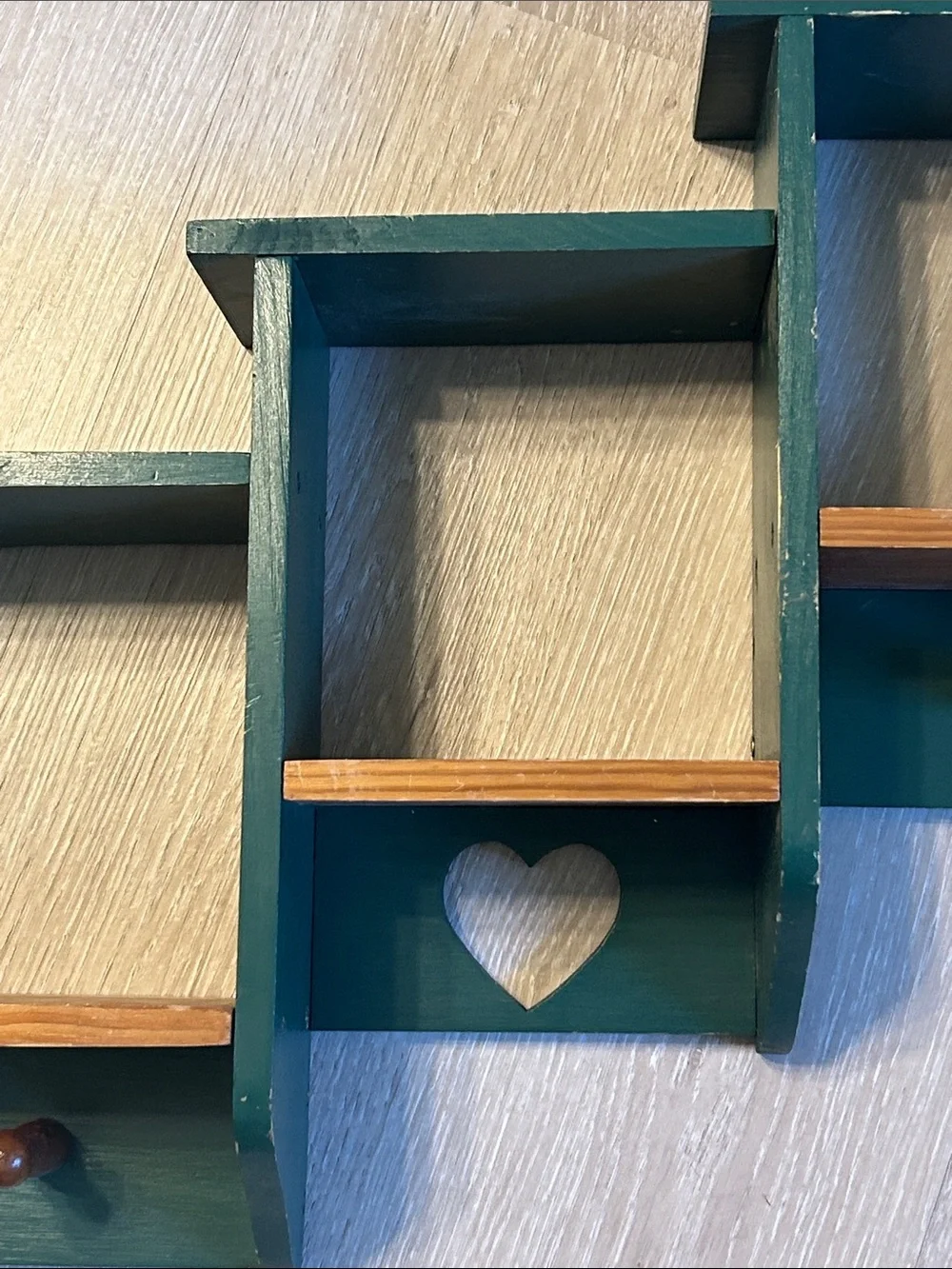 Vintage Farmhouse Wooden Heart Cutout and Dowel Staircase Tiered Wall Shelf